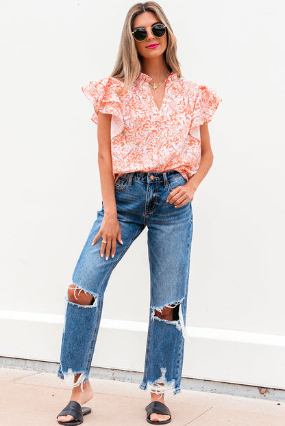 Floral Ruffle Sleeve Split Neck Blouse