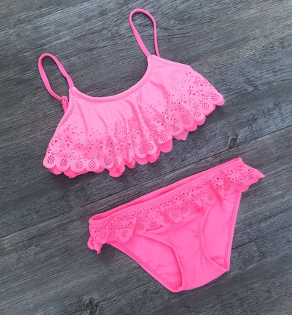 Openwork ruffled bikini girl