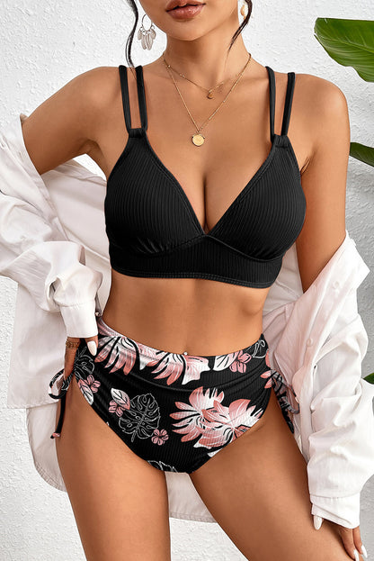 Tropical Colorblock Ribbed High Waist Bikini Swimsuit