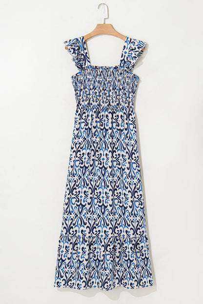 Abstract Boho Smocked Bodice High-Waist Maxi Dress