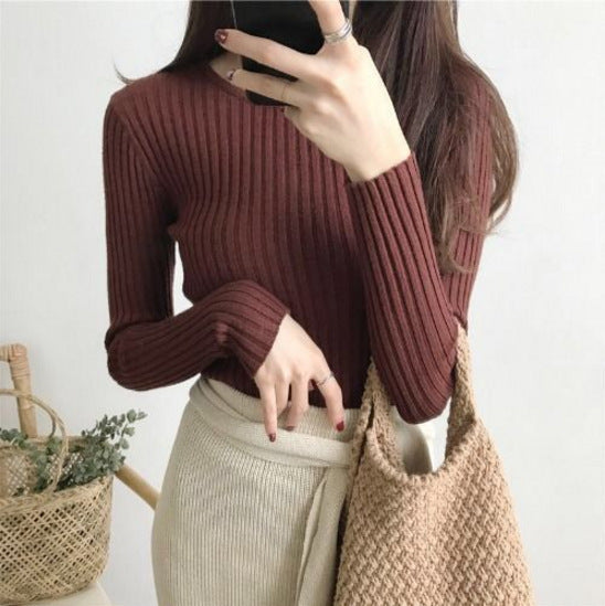Round Neck Cored Yarn Slim Fit Sweater