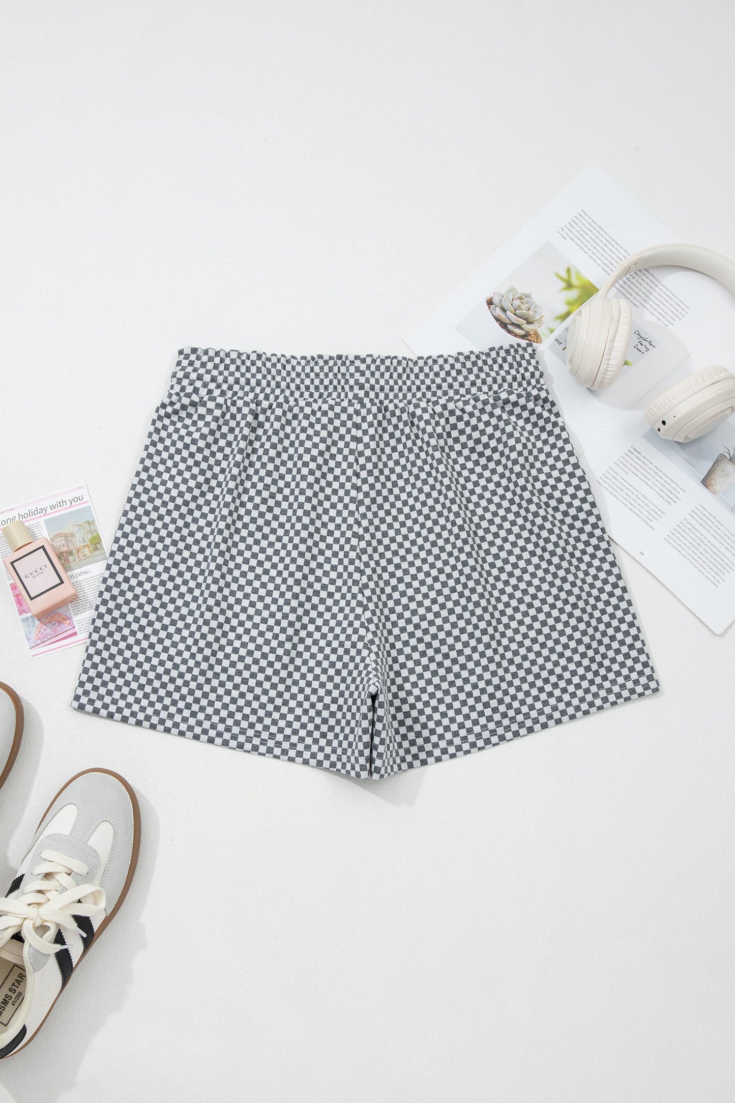 Checkerboard Drawstring Elastic Waist Pocket Shorts