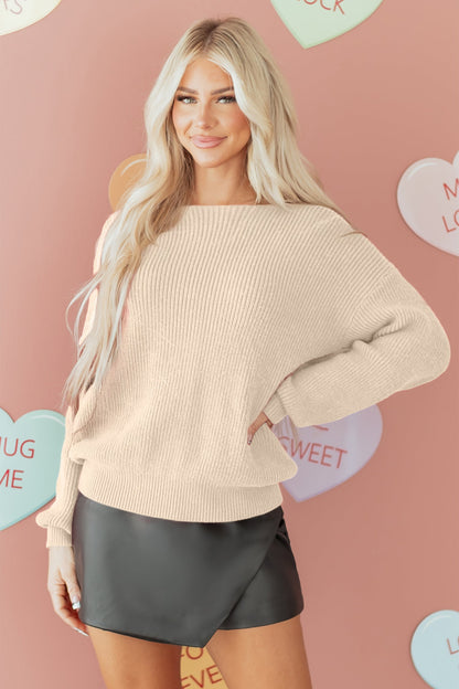 Ribbon Knot Backless Drop Shoulder Ribbed Sweater