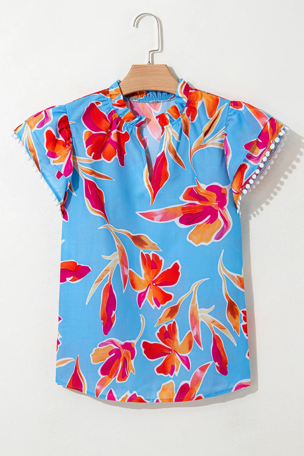 Floral V-Neck Pompom Trim Flutter Sleeve Blouse