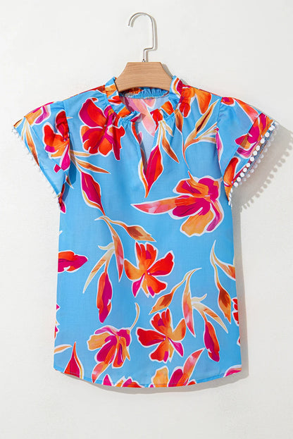 Floral V-Neck Pompom Trim Flutter Sleeve Blouse