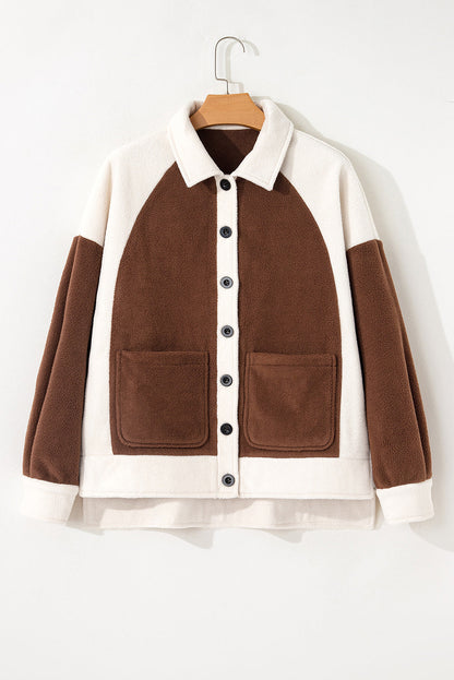 Colorblock Fleece Patchwork Button Down Shacket