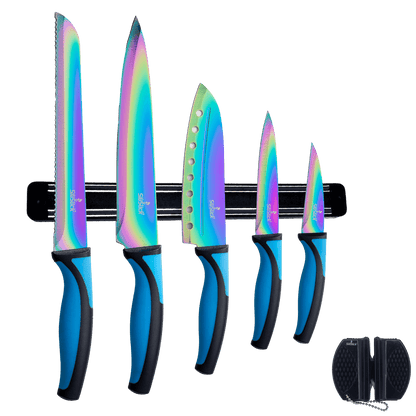 Kitchen Knife Set Kit | Blue Handle, Black Magnetic Rack & Sharpener