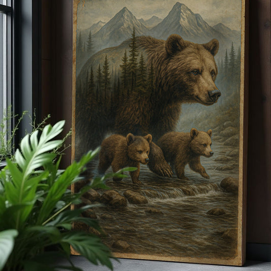 Mother Bear and Cubs Crossing Double Exposure Wall Art