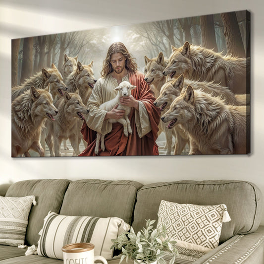 Jesus Protects The Lamb From Wolves Faith Wall Art II