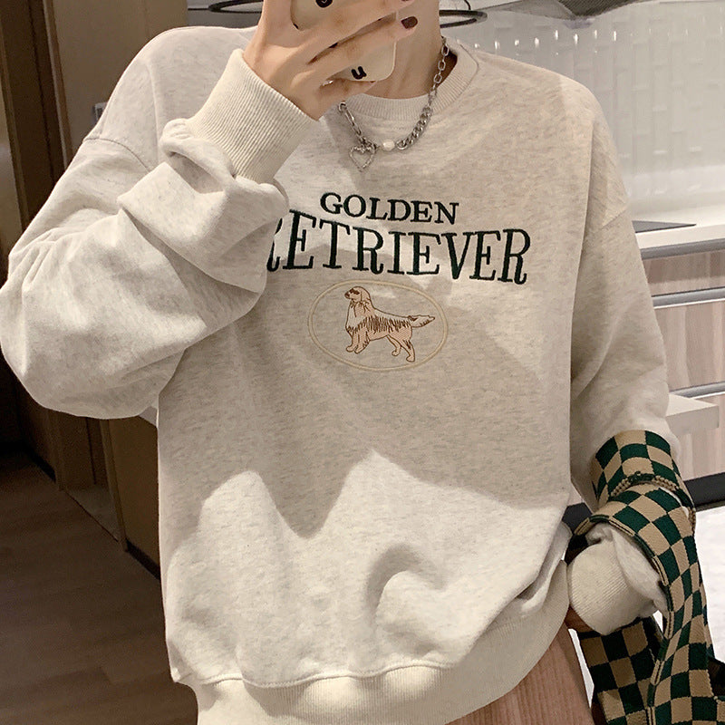 Korean Style Oversize Round-Neck Embroidered Cartoon Long-Sleeve Top