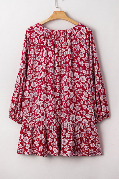 Plus Size Floral Balloon Sleeve V-Neck Mini Dress