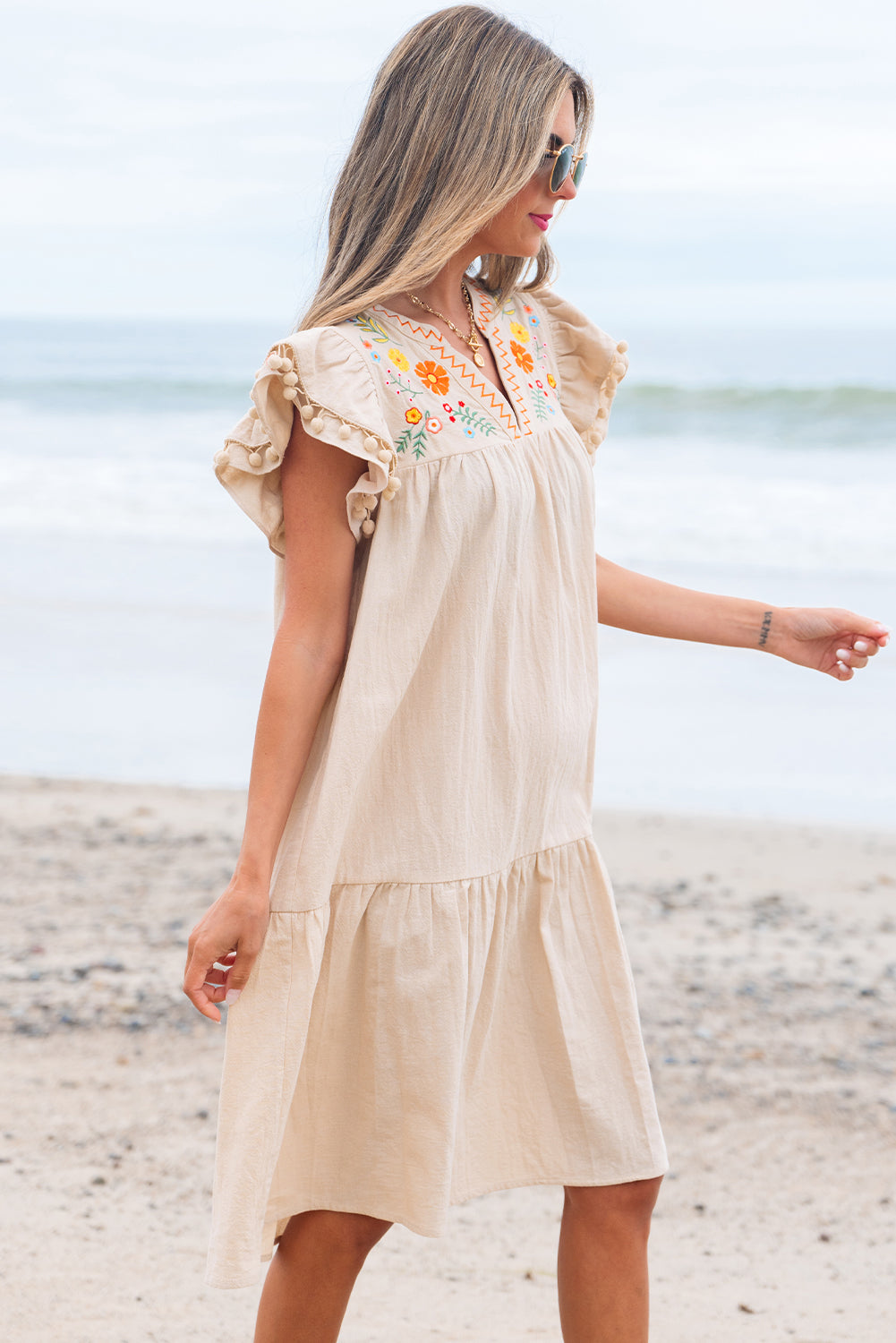 Linen Embroidery Pom Pom Ruffle Dress