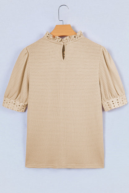 Eyelet Embroidered Patchwork Textured Ruffle Neck Blouse