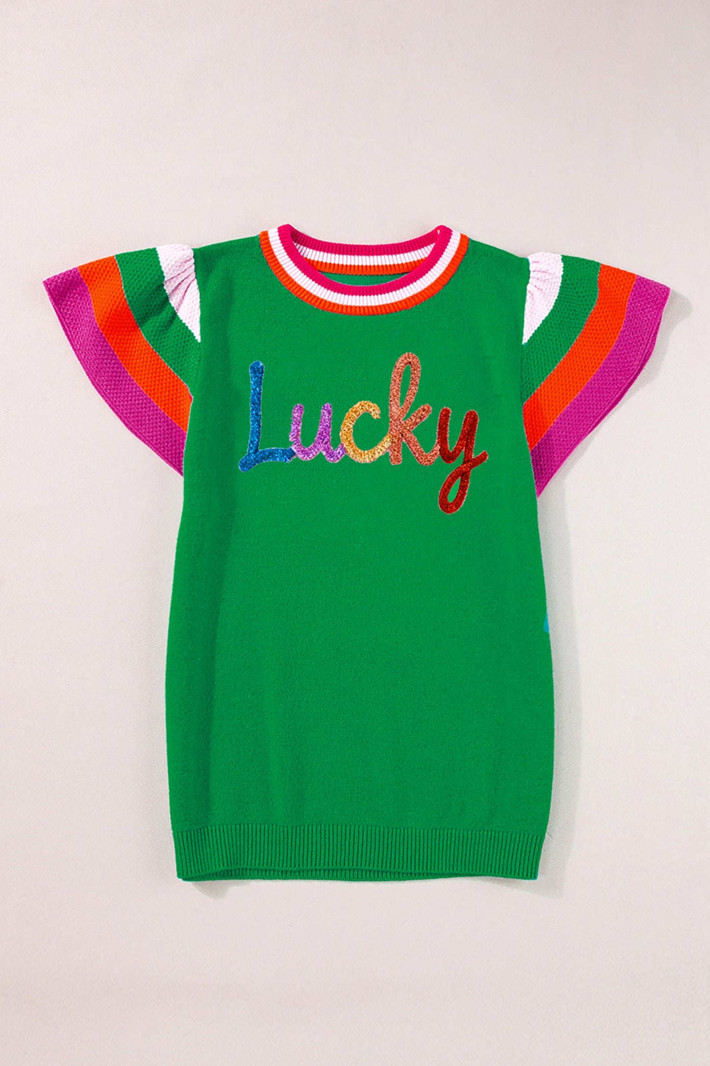 Lucky Stripe Flutter Sleeve Round Neck Sweater