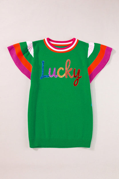 Lucky Stripe Flutter Sleeve Round Neck Sweater