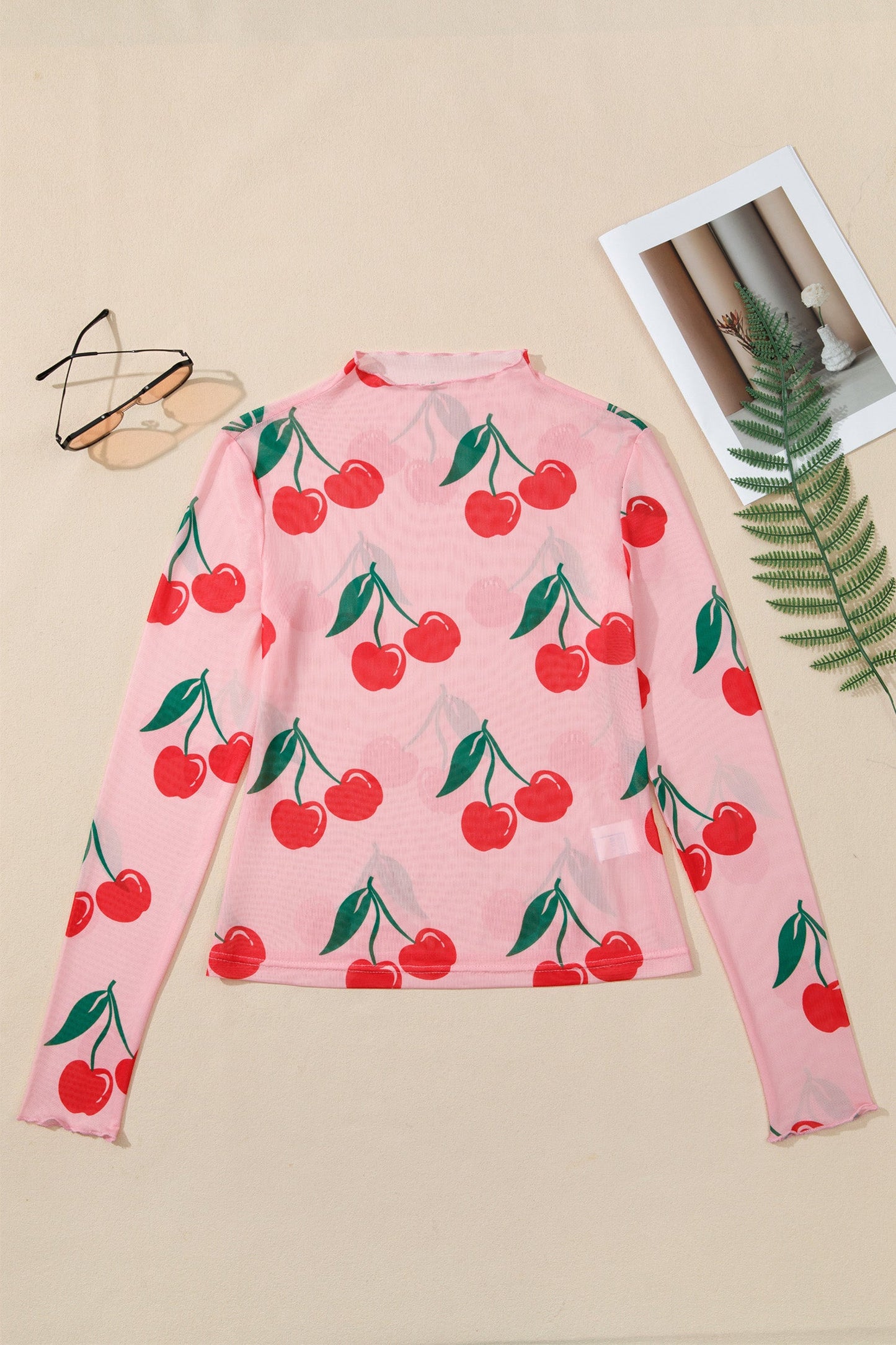 Cherry Lettuce Trim Long Sleeve Mesh Top