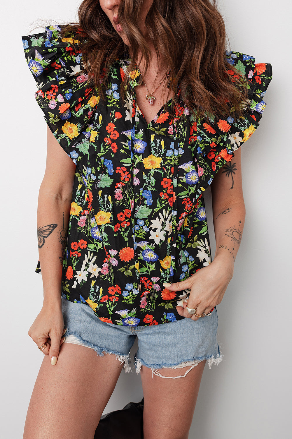 Tiered Flutter Sleeve V-Neck Flower Blouse