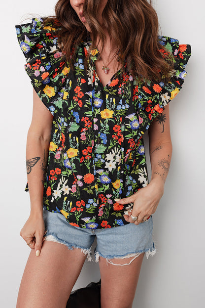 Tiered Flutter Sleeve V-Neck Flower Blouse