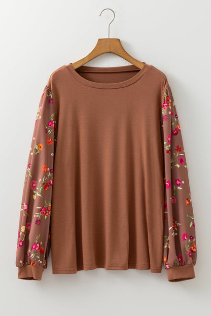 Plus Size Floral Patchwork Sleeve Crewneck Top