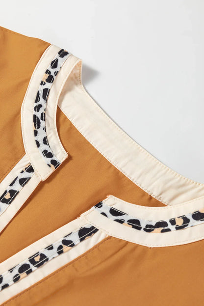 Leopard Contrast Trim Split Neck Puff Sleeve Blouse