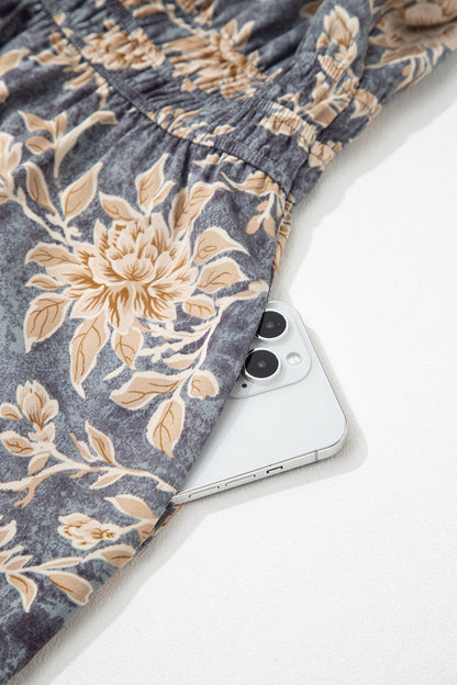 Floral Smock High Waist Long Sleeve Dress