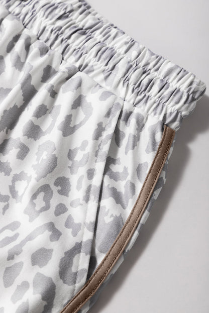 Leopard Lace-Up Contrast Trim Elastic Waistband Casual Shorts