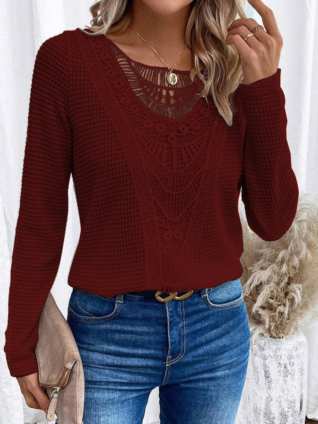 Lace Patchwork Round Neck Women's Long-sleeved T-shirt