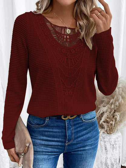 Lace Patchwork Round Neck Women's Long-sleeved T-shirt