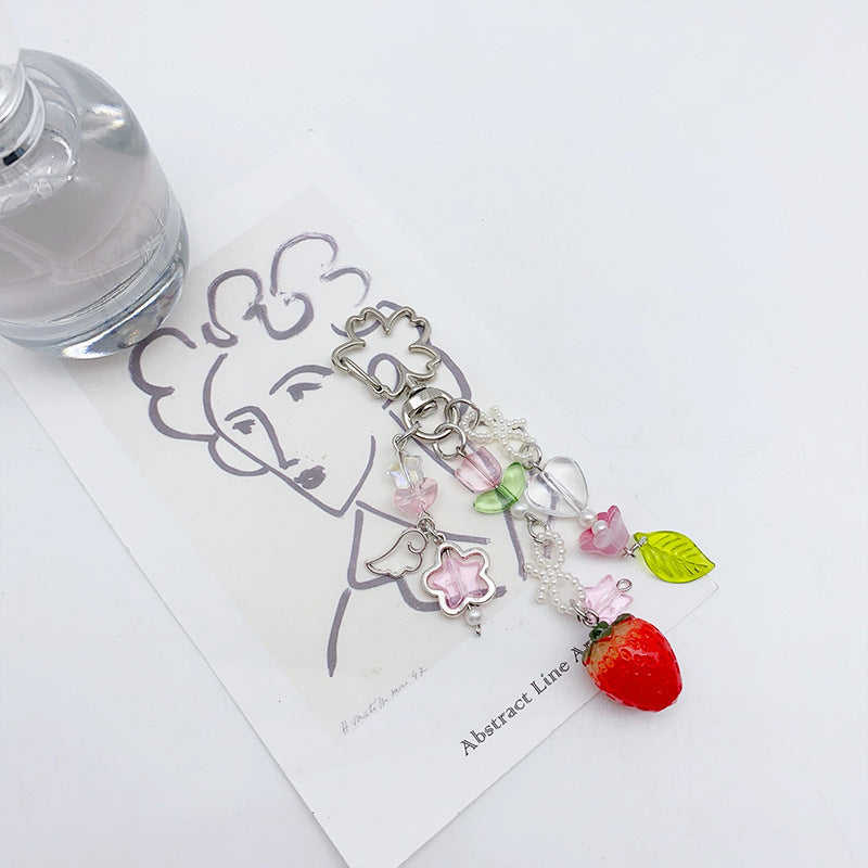 Cute Strawberry Beaded Pendant Keychain