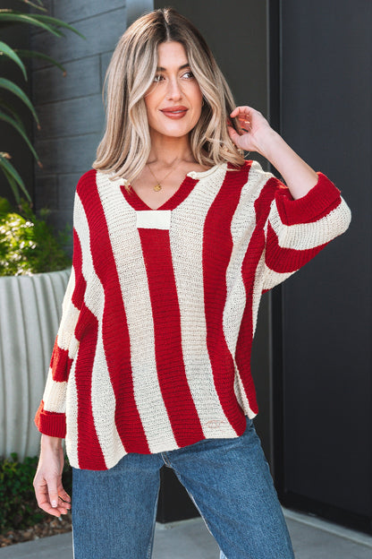 Colorblock Stripe V-Neck Bracelet Sleeve Sweater