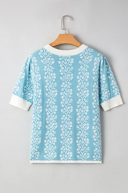 Floral Contrast Crewneck Short Sleeve Sweater