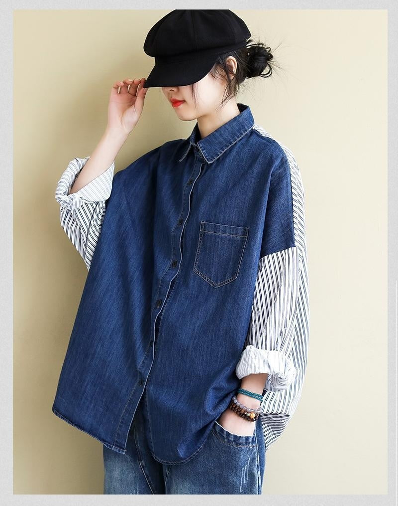 Lapel Patchwork Denim Striped All-matching Top