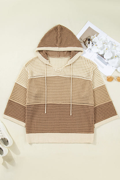 Plus Size Colorblock Hollowed Knit Hooded Sweater