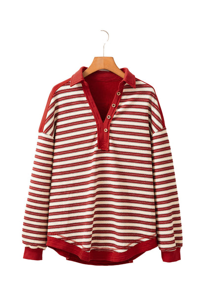 Stripe Buttoned Collared V-Neck Drop Shoulder Top