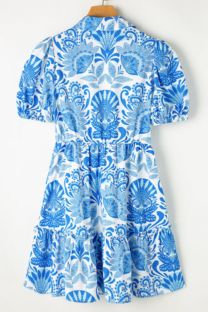 Floral Half-Button Front Collared Ruffle Mini Dress