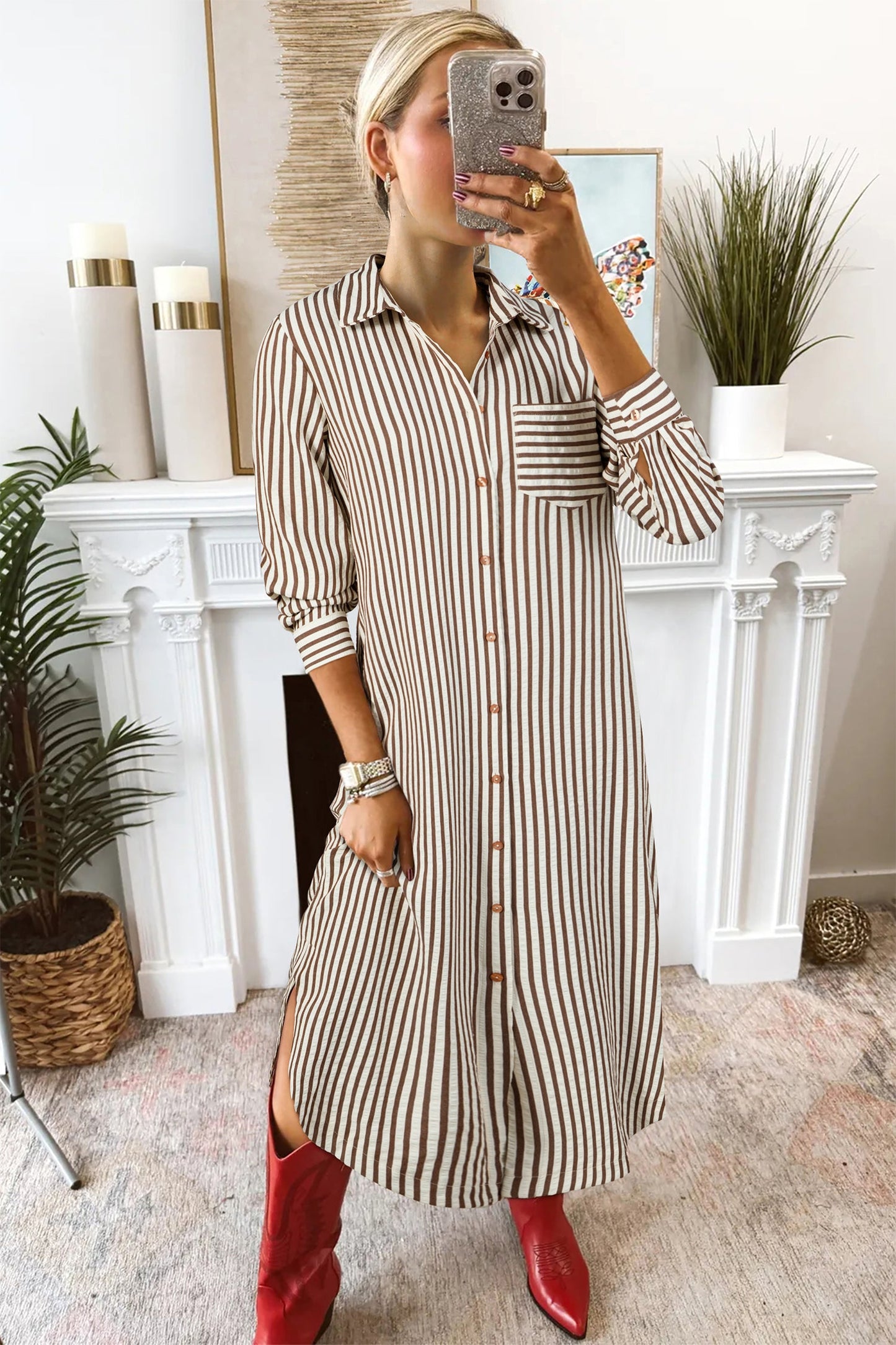 Textured Stripe 3/4 Sleeve Split Midi Dress