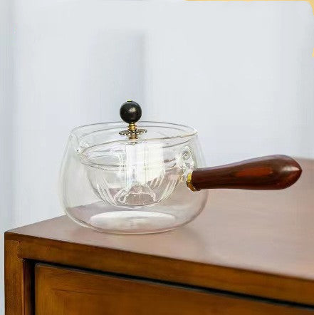 Rotary Glass Teapot with Infuser and Wooden Handle