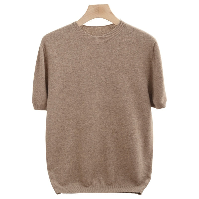 Knitted Short Sleeve Pure Wool Sweater Men's Round Neck