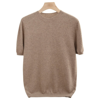 Knitted Short Sleeve Pure Wool Sweater Men's Round Neck