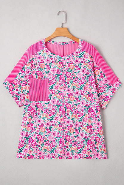 Plus Size Floral Corded Patchwork Crewneck Top