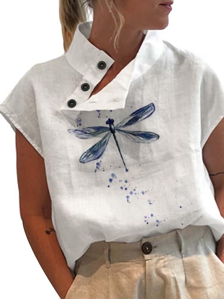 Casual Stand Collar Short Sleeve Digital Print Top