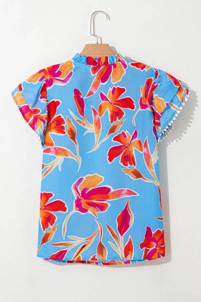 Floral V-Neck Pompom Trim Flutter Sleeve Blouse