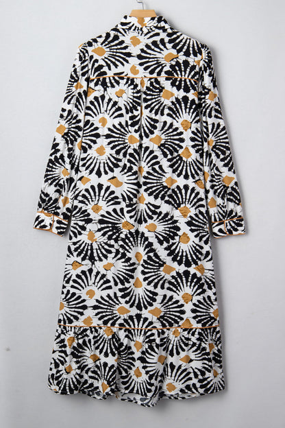 Abstract Floral V-Neck Long Sleeve Maxi Dress
