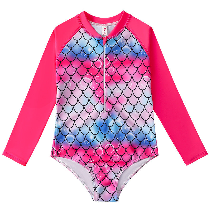 Children's Mermaid Scale One-Piece Swimsuit with Long Sleeves