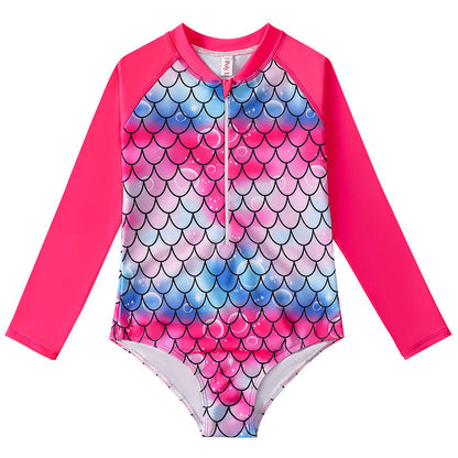 Children's Mermaid Scale One-Piece Swimsuit with Long Sleeves
