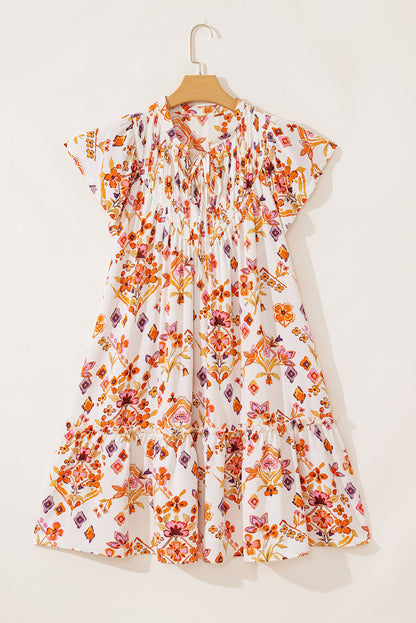 Floral Geometric Ruffle Trim Mini Dress