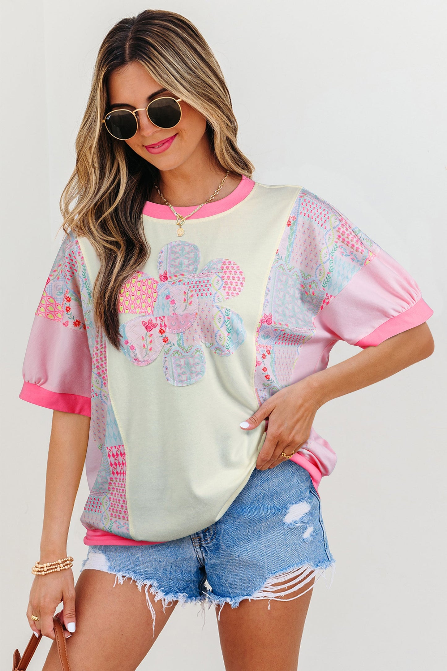 Floral Colorblock Patchwork Big Flower Accent Top