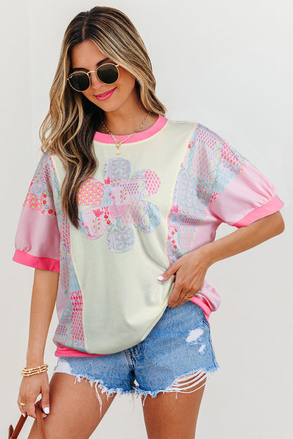 Floral Colorblock Patchwork Big Flower Accent Top