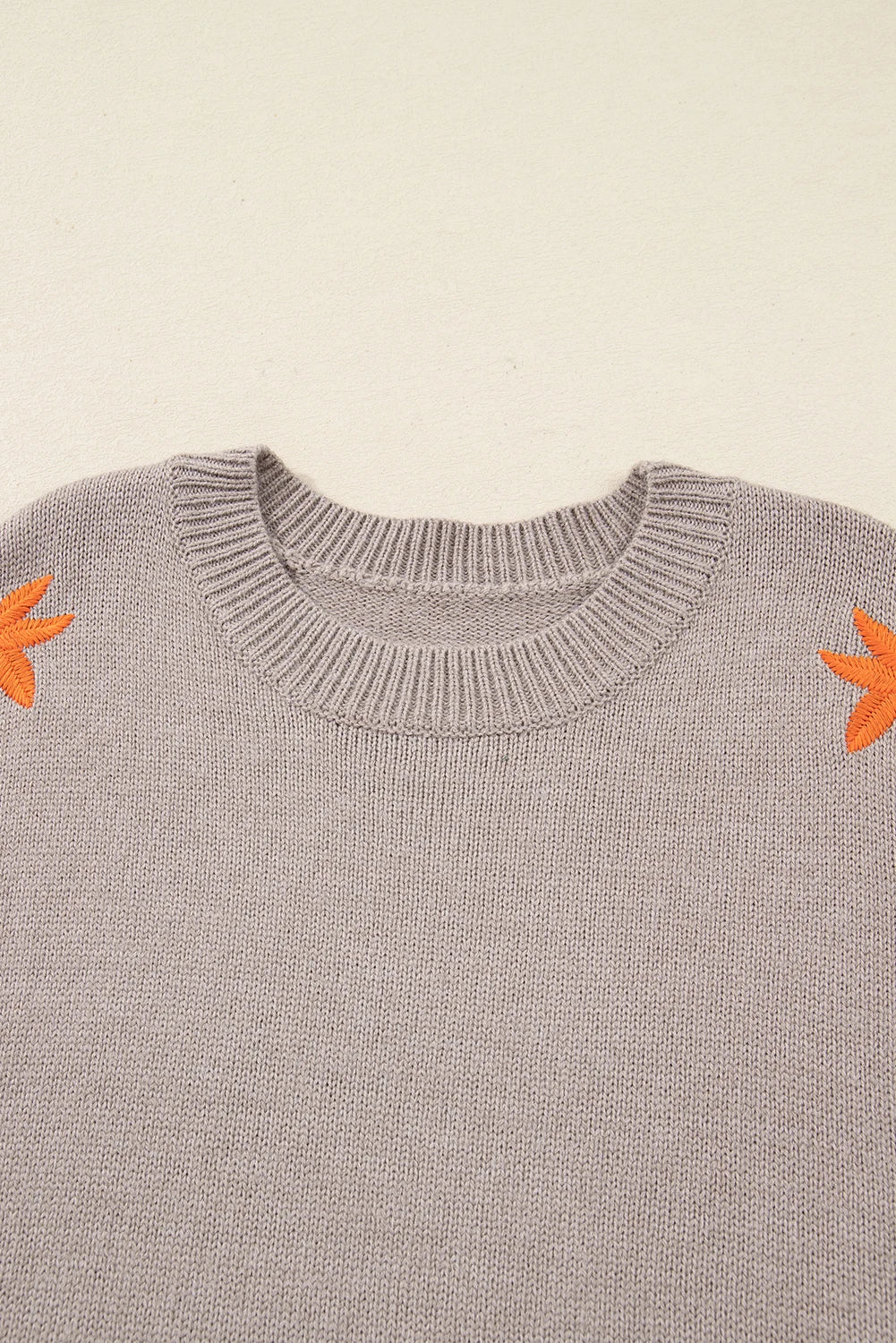 Floral Embroider Sleeve Round Neck Loose Sweater