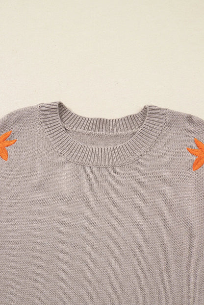 Floral Embroider Sleeve Round Neck Loose Sweater